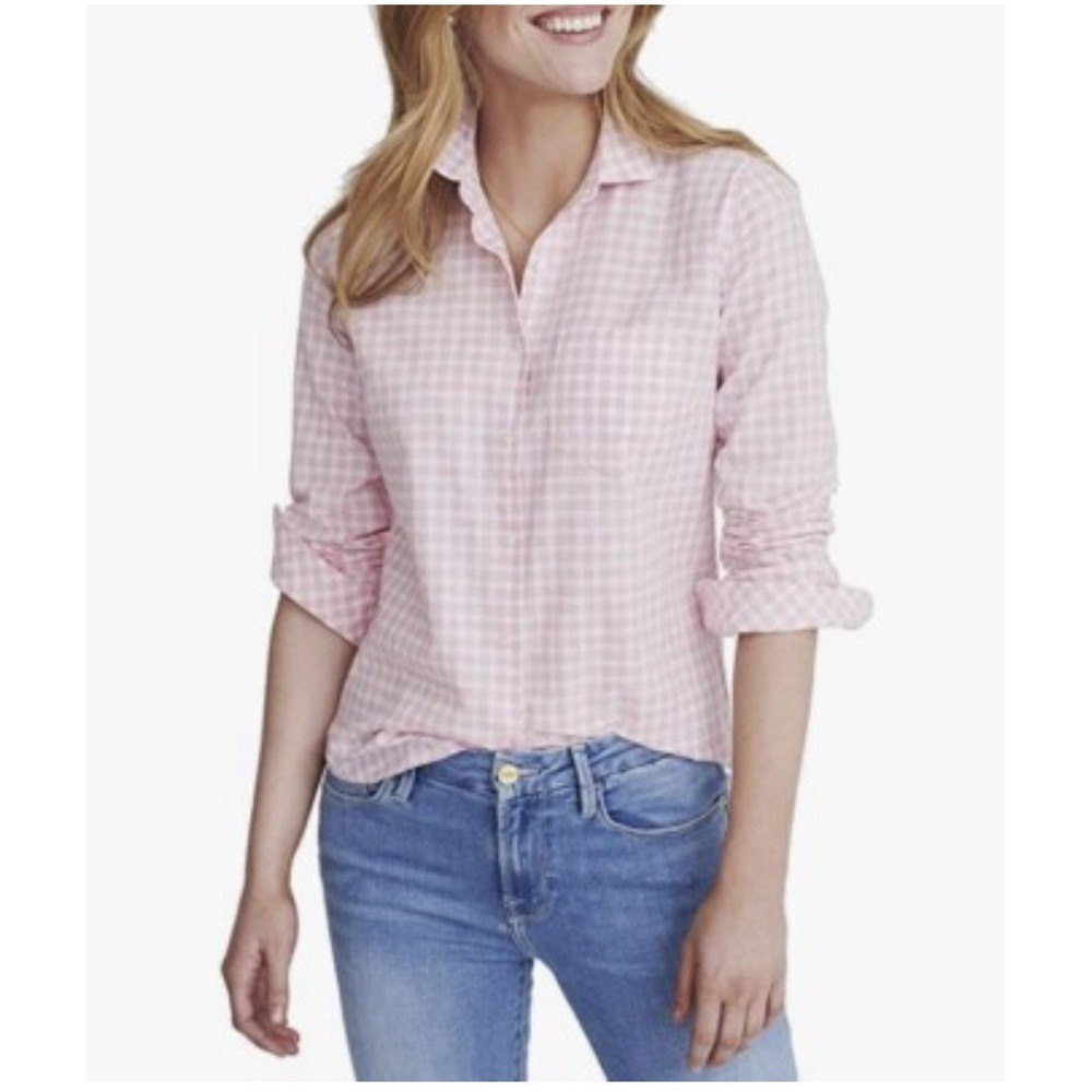 UNTUCKit Women's Calina Long Sleeve Shirt Pink White Gingham Plaid Cotton Sz 2